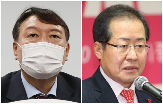 윤석열(왼쪽) 전 검찰총장과 홍준표 국민의힘 의원. 연합뉴스